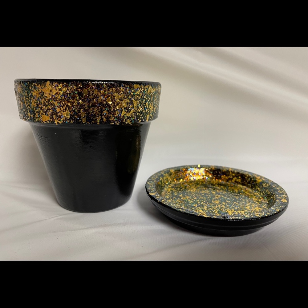 Hand painted decorative clay pot with saucer- 4”.